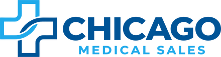 Chicago Medical Sales logo featuring a blue and light blue medical-style cross icon next to the text 'CHICAGO' in dark blue and 'MEDICAL SALES' in light blue, on a solid black background.