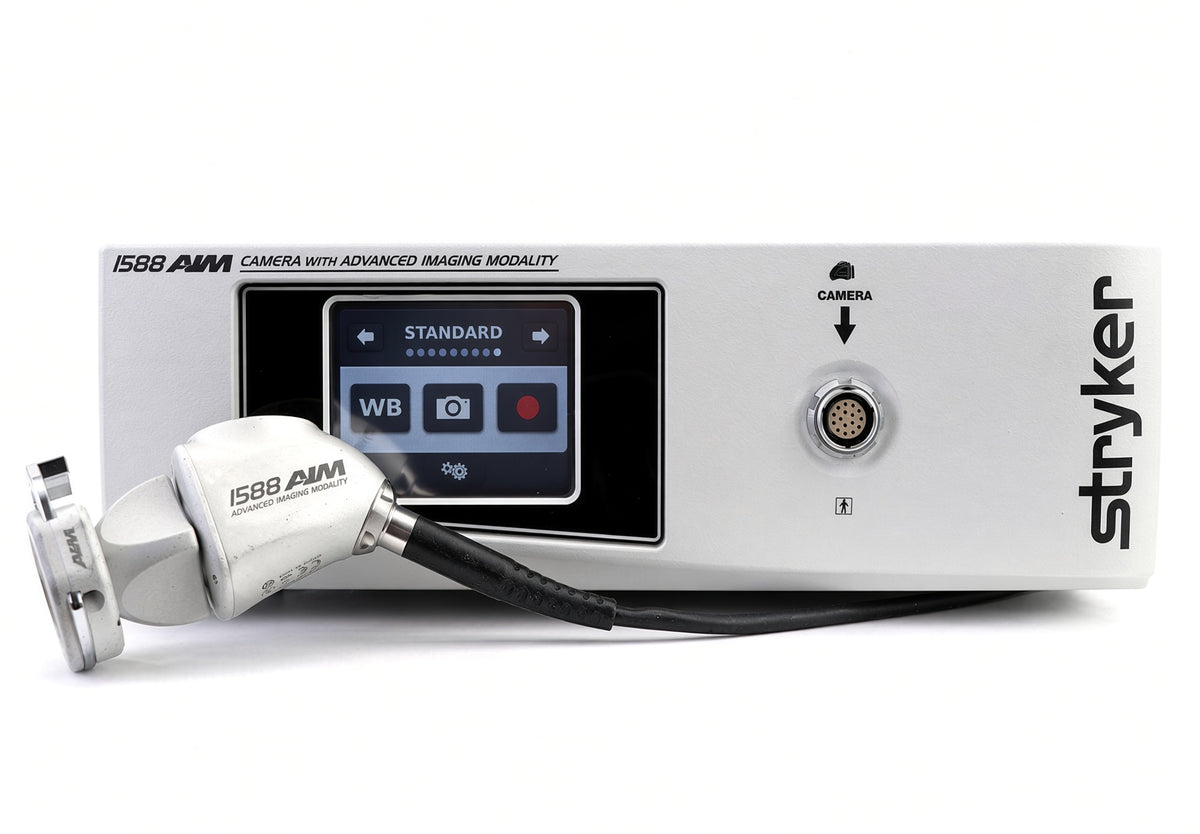 Stryker IS88 AIM camera with advanced imaging modality, featuring a white control unit with a digital display screen and a matching white and silver camera probe with a black cable, shown on a white background.