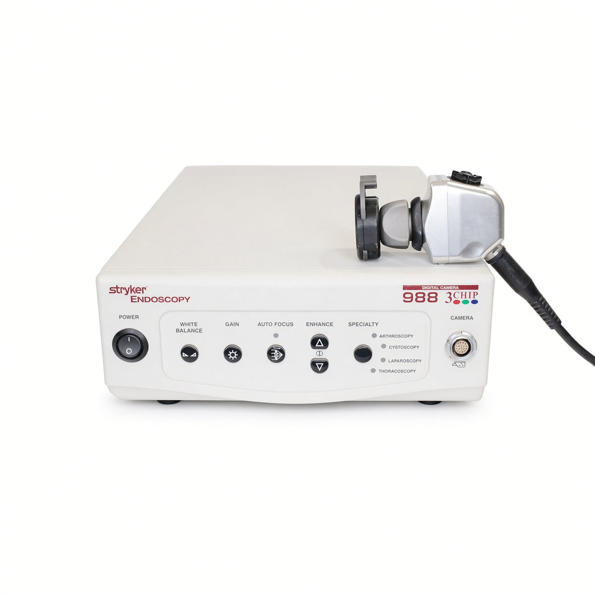 A Stryker Endoscopy 988 3LWP surgical imaging device with an attached camera probe, shown from a front-facing perspective on a clean white background.