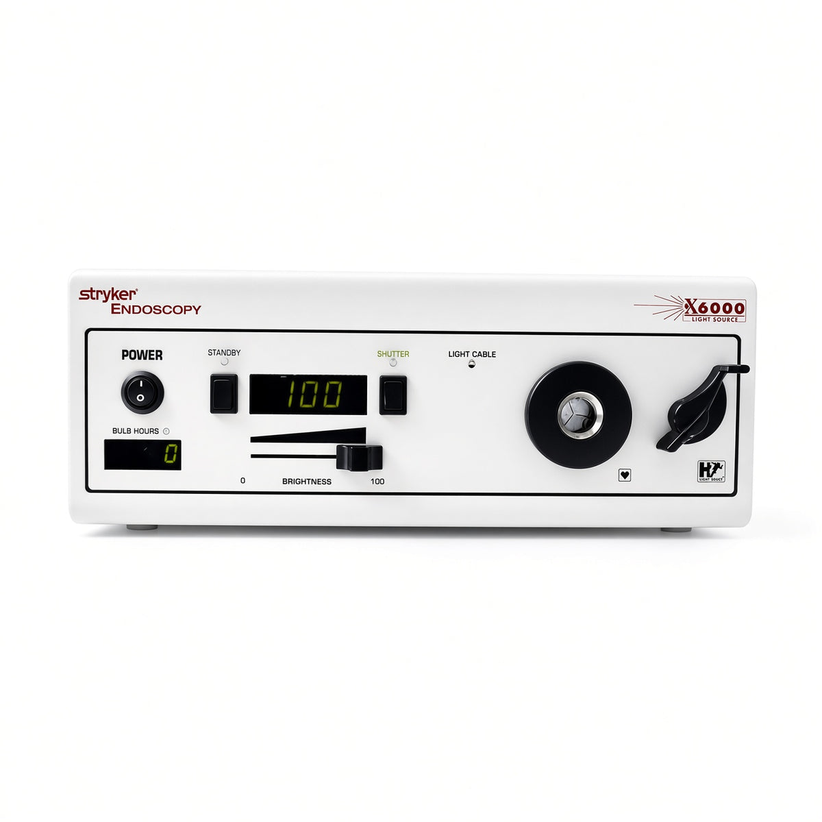 A white Stryker Endoscopy N6000 Light Source II medical device with black controls, a digital display showing 100, and red branding on a clean white background.